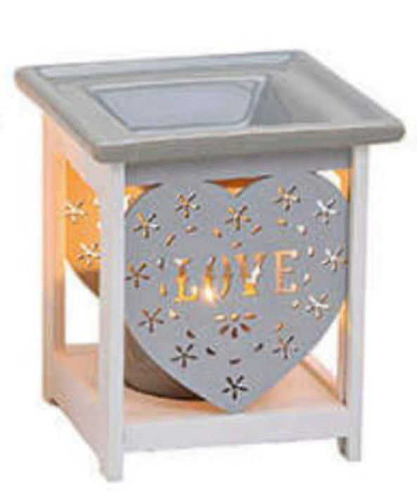 Duftlampe " LOVE " aus Keramik und Holz, grau, für Teelichter, Ausführung mit abnehmbarer Duftschale, ideal für Duft- Öle und Wachse, Maße: Länge x Tiefe x Höhe = 10 x 10 x 12 cm ideal als Geschenk oder Zuhause