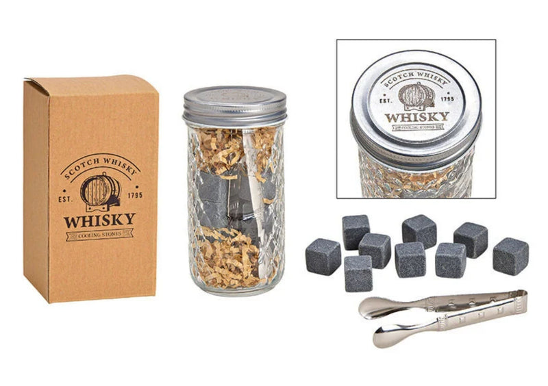 Whisky-Stein Set, 9 Stk. Eiswürfel aus Basalt-Stein 2x2x2cm in Basalt Grau, incl. Eiswürfel Zange 12cm, Set im stylischen Glas 6x13x6cm. Neidfaktor inclusive