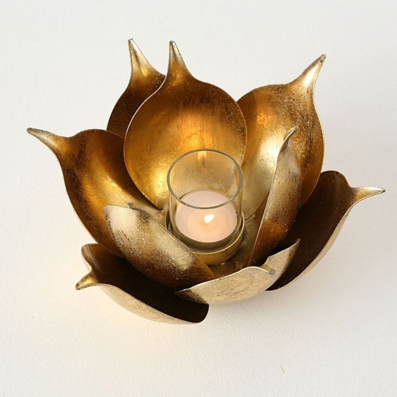 Top aktueller Kerzenständer Modell BLOSSOM  , Durchmesser 20 cm, Höhe 11 cm, Eisen, gold farbig lackiert, fester Stand, hoher Neidfaktor, Windlicht für innen und aussen, Glaseinsatz