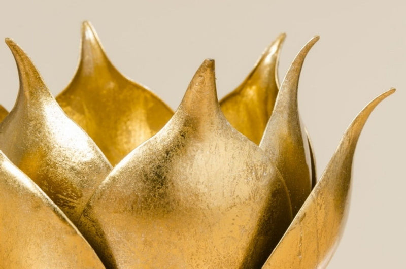 Top aktueller Kerzenständer Modell BLOSSOM  , Durchmesser 20 cm, Höhe 11 cm, Eisen, gold farbig lackiert, fester Stand, hoher Neidfaktor, Windlicht für innen und aussen, Glaseinsatz