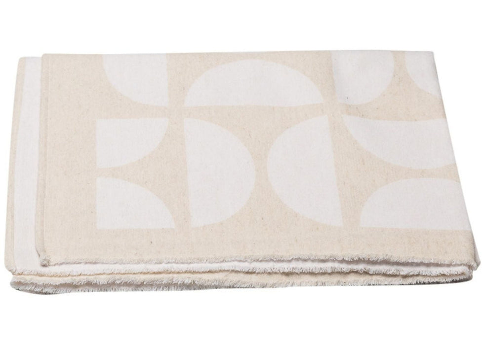 Cotton-linen ALBA summer plaid “half circles” “white cream”, 200 x 140 cm, cuddle up and feel good, with hem and fringed edge