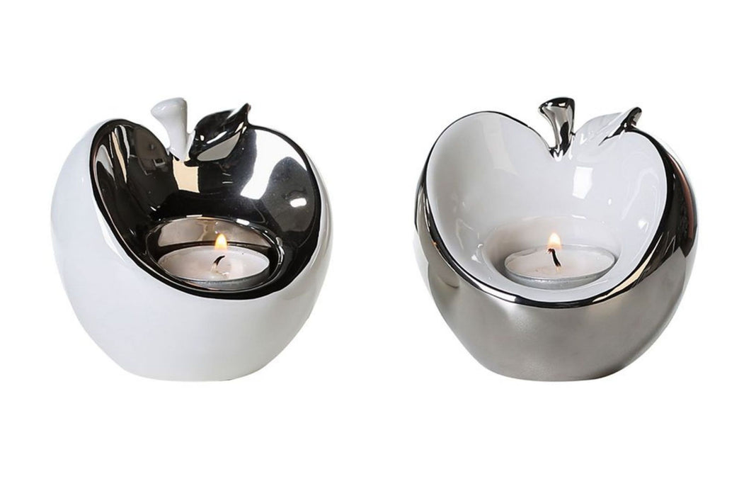 Keramik Kerzenhalter für Teelichter. Modell APFEL. Hochwertig lackierte Keramik, Farben: Silber und weiß. Zeitloses Design, passend für jeden Wohnstil, tolle Deko fürs Cafe oder Zuhause