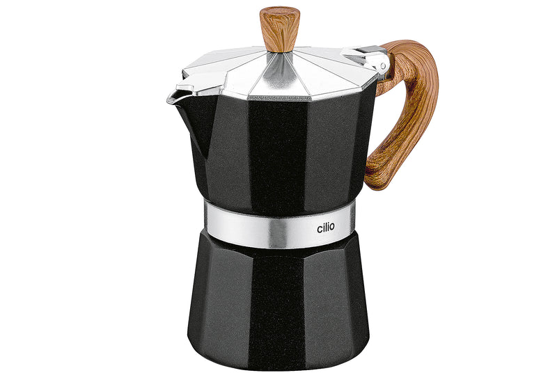 CILIO Espressokocher CLASSICO Natura Aluminium 3T schwarz/Holz