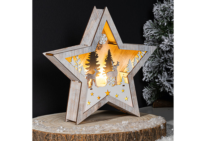 HI LED Holzstern batteriebetrieben 25,5x5x25,5cm