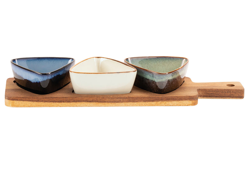 MORITZ&MORITZ Dipp Schalen Set dreieckig mit Akazienbrett 34x9,5x4,6cm 4teilig