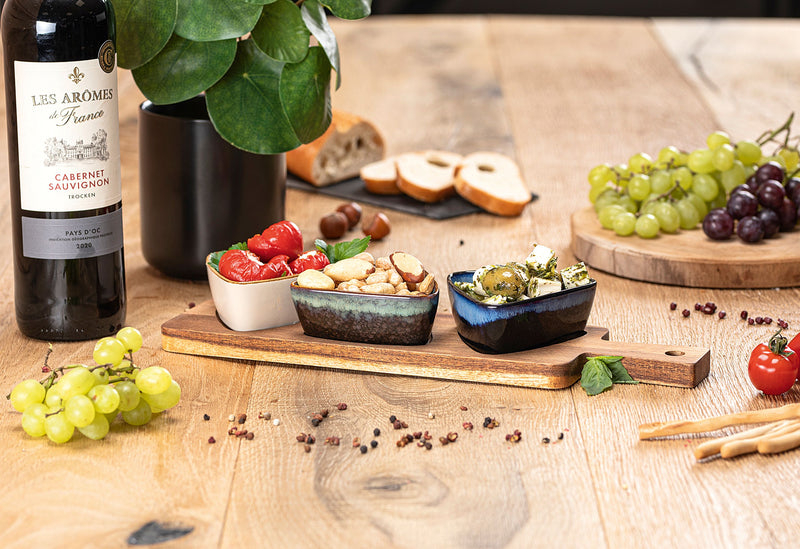 MORITZ&MORITZ Dipp Schalen Set dreieckig mit Akazienbrett 34x9,5x4,6cm 4teilig