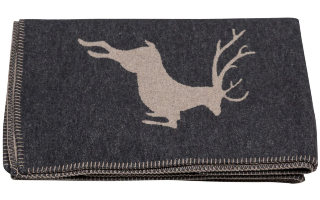 Cotton flannel blanket Sylt, blanket “HIRSCH”, 200 x 140 cm, anthracite-colored, cuddling up and decorating, elegant decorative stitching as a border with a deer motif