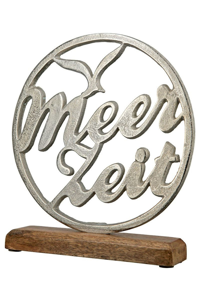 Runder edler maritimer Kreis-Schriftzug auf Mango-Holz in brüniertem Aluminium als Aufsteller, Modell: MEERZEIT , Maße 25 x 22 x 5 cm, Farbe Natur und Aluminium, tolle Deko fürs Cafe oder Zuhause