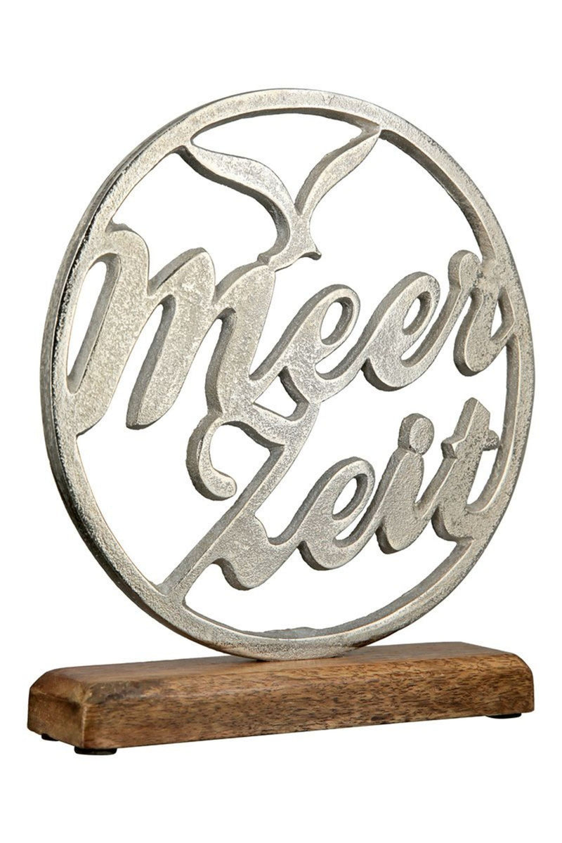 Runder edler maritimer Kreis-Schriftzug auf Mango-Holz in brüniertem Aluminium als Aufsteller, Modell: MEERZEIT , Maße 25 x 22 x 5 cm, Farbe Natur und Aluminium, tolle Deko fürs Cafe oder Zuhause