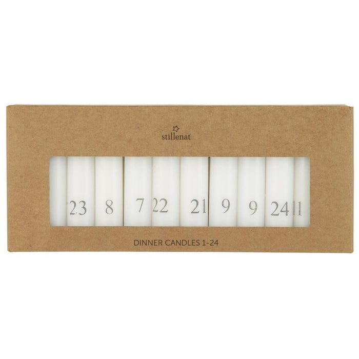 24 Stück Stabkerzen, Adventskerze mit Zahlen 1-24 in der Farbe weiß mit grauen Ziffern, Brennzeit je Kerze ca. 4 Stunden, 11 cm x 2,2 cm