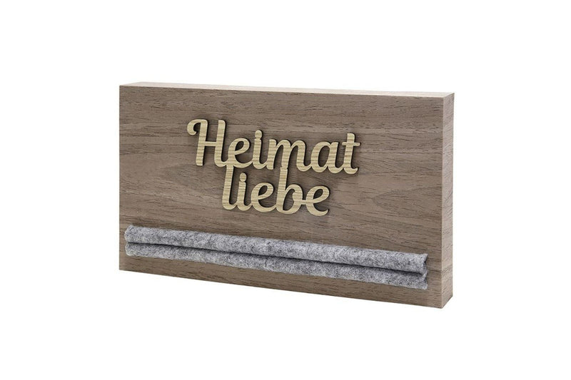 Schlüsselbrett aus Holz und Filz mit aufgesetztem Schriftzug, Thema HEIMATLIEBE , Material Holz , Farbe Natur, Schrift-Relief,  Maße 24 x 14 cm, hoher Neidfaktor