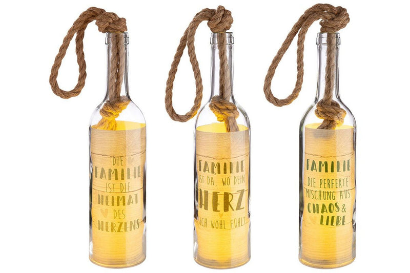 Tolle LED-Flaschendeko mit integrierter Lichterkette, top angesagt, im heimeligen Stil. LED Flasche mit Spruch, Modell: DIE FAMILIE IST DIE HEIMAT..., Hoher Neidfaktor.