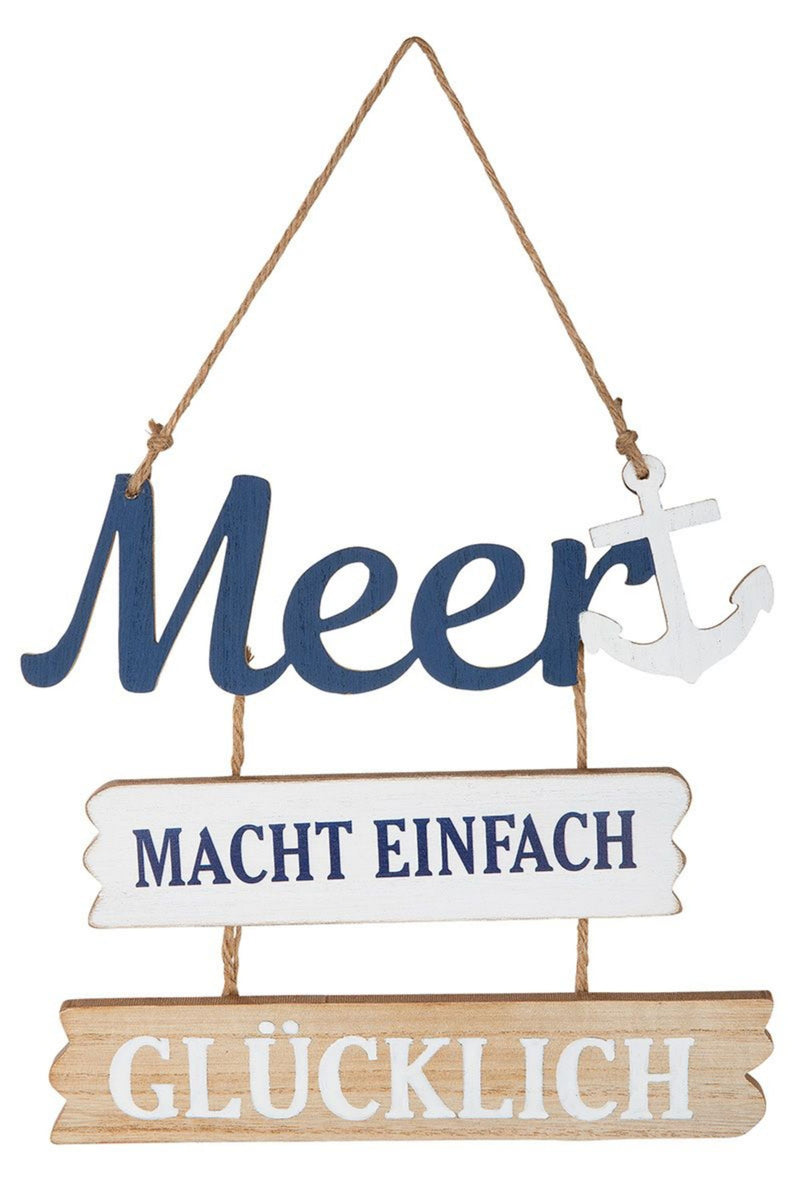 Maritimes Garten Holzplankenschild , Modell: MEER MACHT EINFACH GLÜCKLICH , Material Holz mit Sisalband , Maße 33 x 23 cm, Naturband Aufhängung, ideal für Garten, Terrasse oder einfach Zuhause.