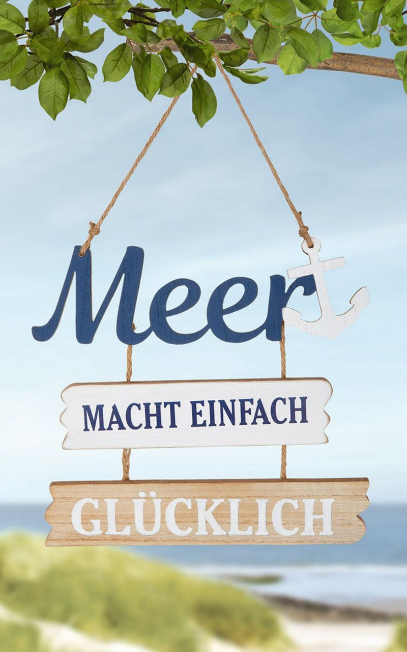 Maritimes Garten Holzplankenschild , Modell: MEER MACHT EINFACH GLÜCKLICH , Material Holz mit Sisalband , Maße 33 x 23 cm, Naturband Aufhängung, ideal für Garten, Terrasse oder einfach Zuhause.