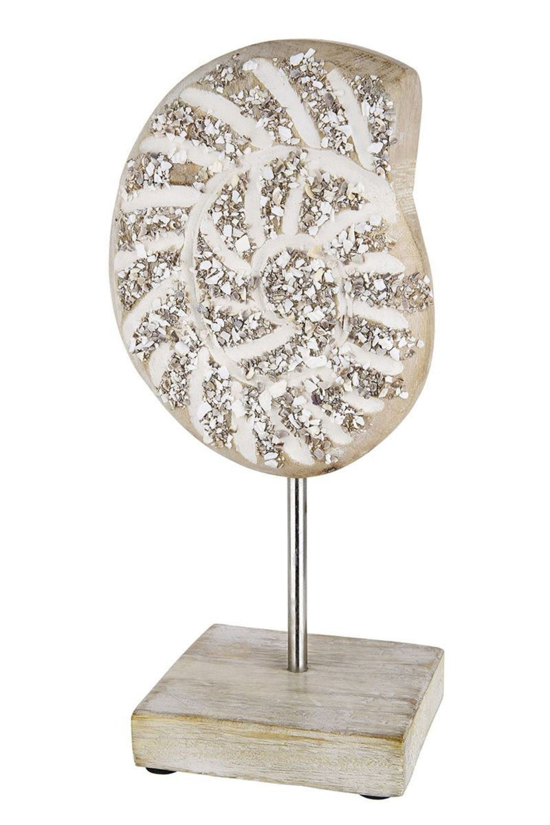 Grosse maritime Dekofigur als Muschel Aufsteller,  Modell: NAVE, Material Muschelsplitter und Holz, Maße  27 x 14 cm, Farbe natur ideal für Garten, Terrasse, Cafe, Cafeteria