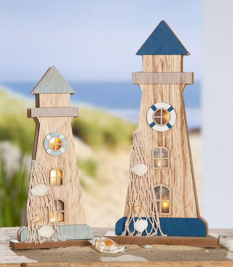 Toller beleuchteter Leuchtturm als Holzaufsteller, top angesagt, maritimer Stil, Modell: TOP OF COAST, Farbe Azurblau, Highlight ist die schöne LED Beleuchtung in den Fenstern