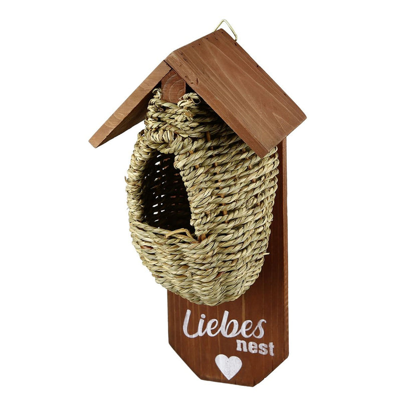 Toller gemütlicher Nistkasten für unsere Gartenvögel. Modell ' LIEBESNEST ', Holz und stabiles Naturfaser Geflecht, 30 x 14 x 13 cm, ideale Geschenkidee