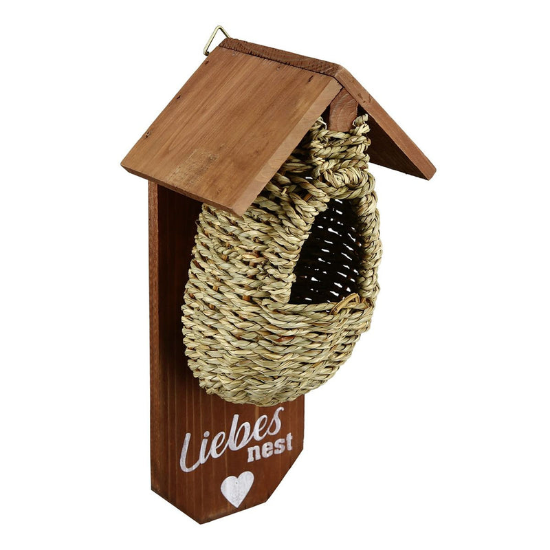 Toller gemütlicher Nistkasten für unsere Gartenvögel. Modell ' LIEBESNEST ', Holz und stabiles Naturfaser Geflecht, 30 x 14 x 13 cm, ideale Geschenkidee