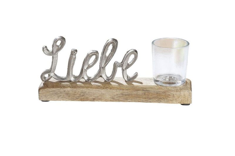 Edler Schriftzug mit Teelichthalter auf Mango Holz in brüniertem Aluminium als Aufsteller, Modell: LIEBE , Maße 23 x 9 x 5 cm, Farbe Natur und Aluminium, mit Glas, tolle Deko fürs Cafe oder Zuhause