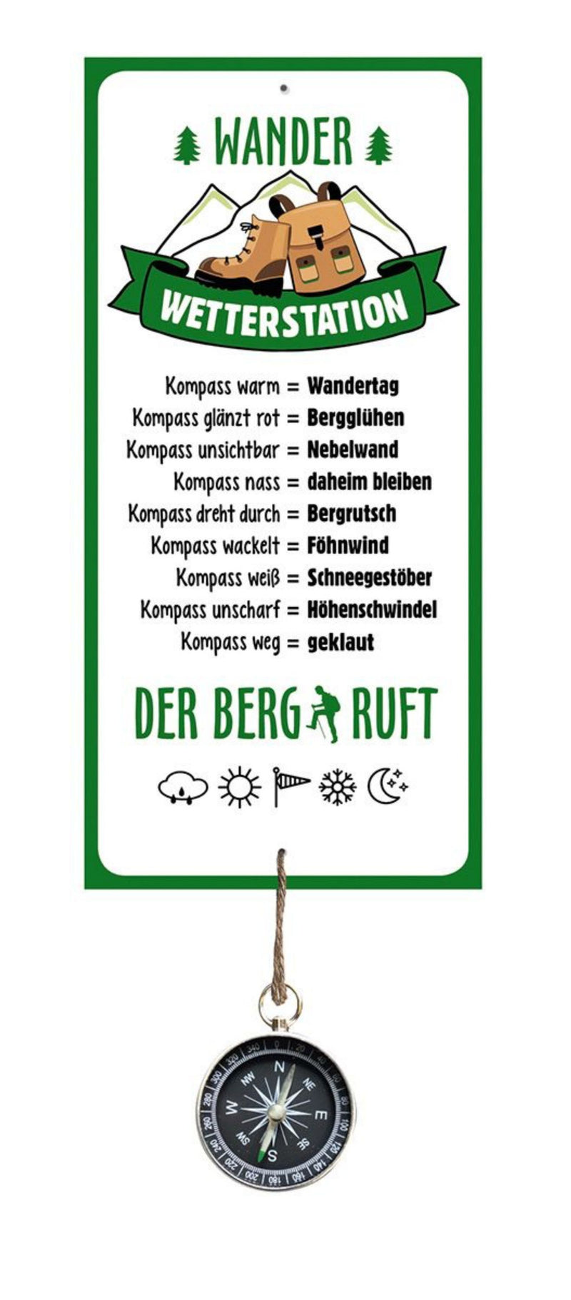 Wetterstein, Wetterstation als Aluschild, Modell: WANDERN, Der Berg ruft, mit angehängtem Kompass, Maße Schild 30 x 14 cm, tolle Gartendekoration, ideal als Geschenkidee