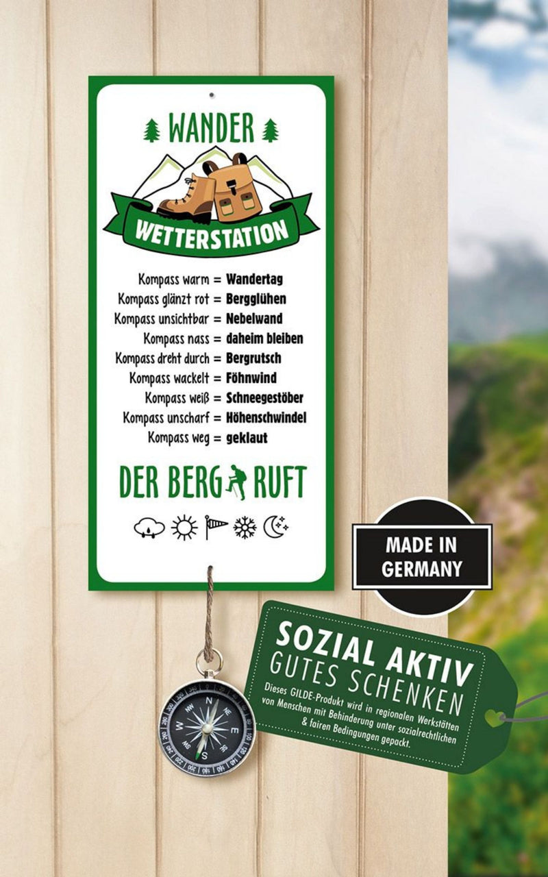 Wetterstein, Wetterstation als Aluschild, Modell: WANDERN, Der Berg ruft, mit angehängtem Kompass, Maße Schild 30 x 14 cm, tolle Gartendekoration, ideal als Geschenkidee