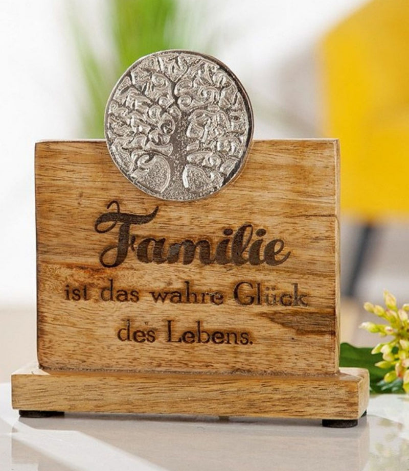 Edler Lebensbaum Aufsteller, Mango-Holz und brüniertes Aluminium, Modell: FAMILIE IST DAS WAHRE GLÜCK DES LEBENS, Maße 16 x 15 x 5 cm, Farbe Natur und silber, tolle Deko