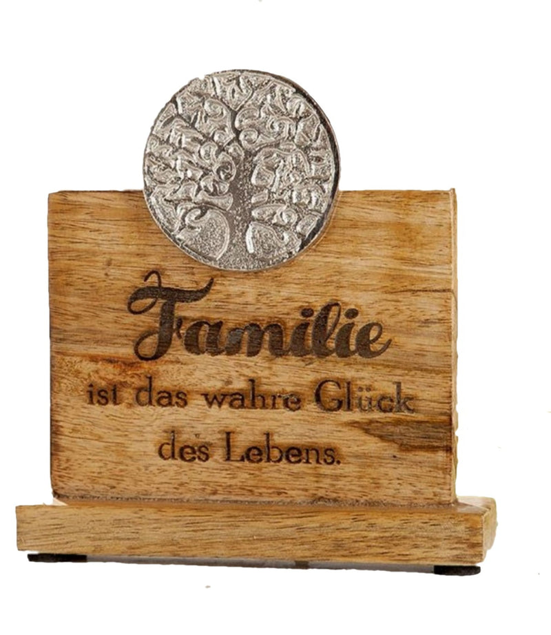 Edler Lebensbaum Aufsteller, Mango-Holz und brüniertes Aluminium, Modell: FAMILIE IST DAS WAHRE GLÜCK DES LEBENS, Maße 16 x 15 x 5 cm, Farbe Natur und silber, tolle Deko