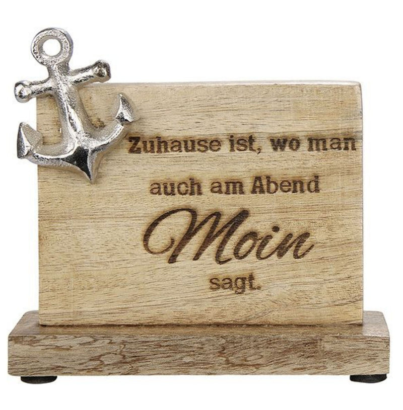 Edler Norden-Anker Aufsteller, Mango-Holz und brüniertes Aluminium, Botschaft: MOIN, Maße 16 x 15 x 5 cm, Farbe Natur und silber, tolle Deko für Haus und Garten, ideale Geschenkidee