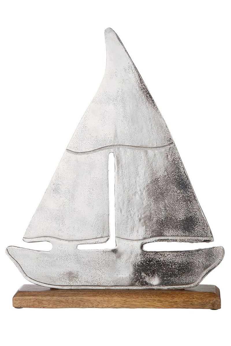 Tolle maritime Dekofigur als Segelschiff Aufsteller,  Modell: SAILING, Material Alu und Mango Holz, Maße 31 x 25 cm, Farbe natur silber, ideal für Garten, Terrasse, Cafe, Cafeteria