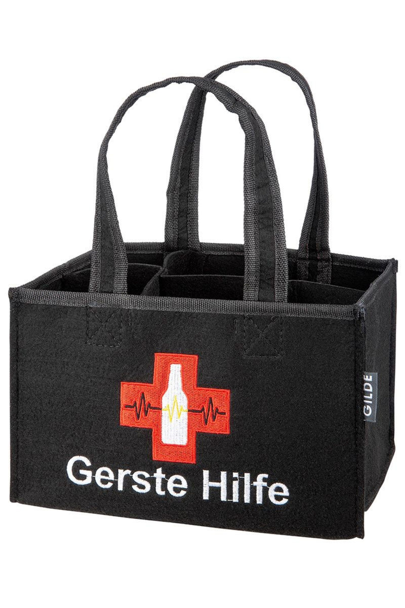 Toller Motto Flaschenträger aus reißfestem Filz, 6 Trennwände, Spruch: GERSTE HILFE. Ideal für 6 Flaschen von 0,33 bis 0,5 Liter Größe. Maße 23 x 15 x 14 cm. Hoher Neidfaktor inclusive.