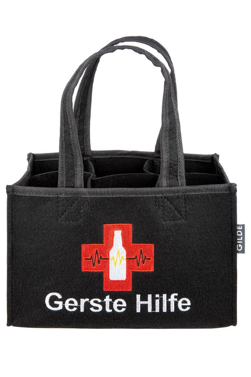 Toller Motto Flaschenträger aus reißfestem Filz, 6 Trennwände, Spruch: GERSTE HILFE. Ideal für 6 Flaschen von 0,33 bis 0,5 Liter Größe. Maße 23 x 15 x 14 cm. Hoher Neidfaktor inclusive.