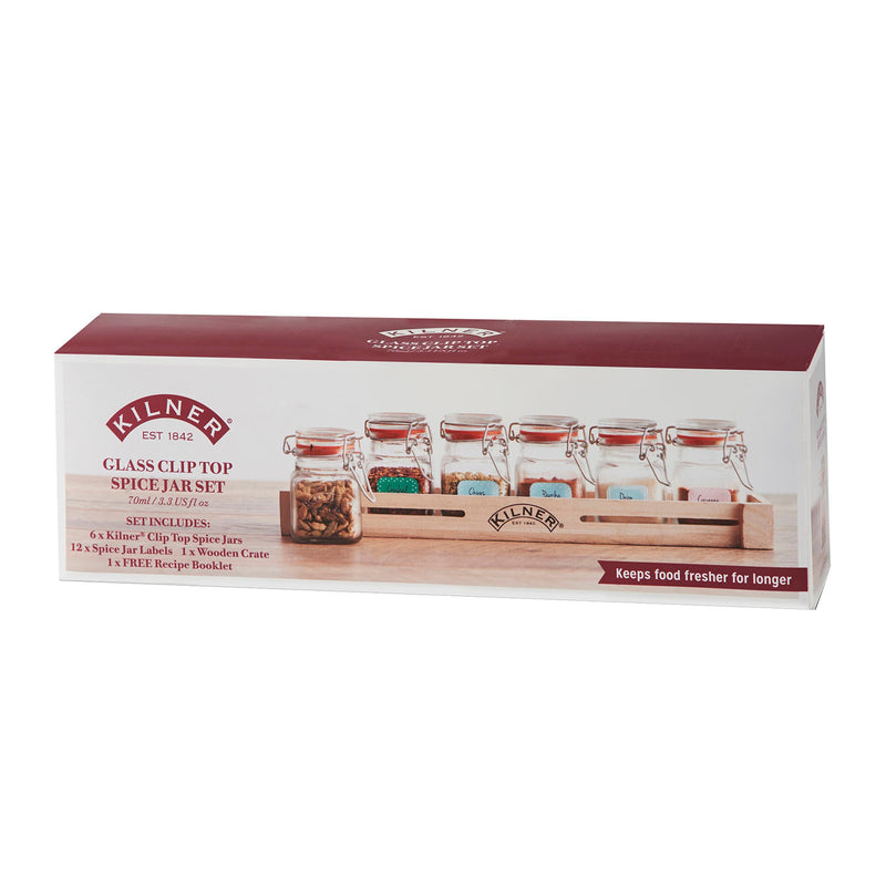 6 Gewürzgläser im Holzkasten, Länge 33 cm
