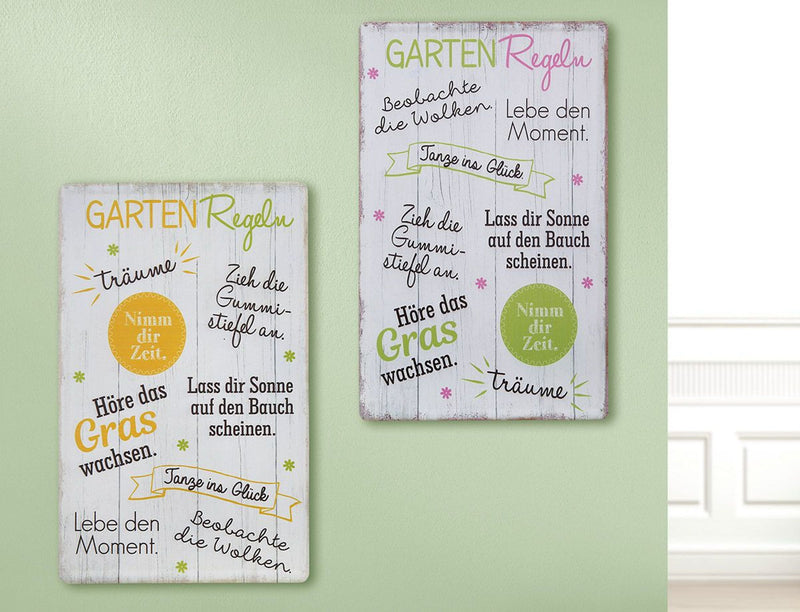 Garten Holzlook Blechschild, Modell, GARTENREGELN, TANZ INS GLÜCK , Material Metall , Maße 30 x 19 cm, weiss, rot, ideal für Garten, Terrasse, Bar, Cafe, Cafeteria oder einfach Zuhause.