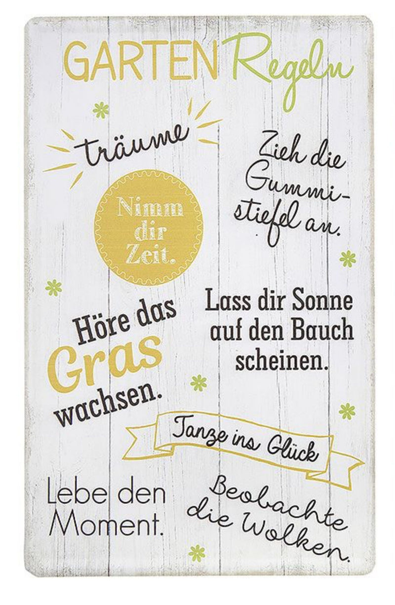 Garten Holzlook Blechschild, Modell, GARTENREGELN, TANZ INS GLÜCK , Material Metall , Maße 30 x 19 cm, weiss, rot, ideal für Garten, Terrasse, Bar, Cafe, Cafeteria oder einfach Zuhause.