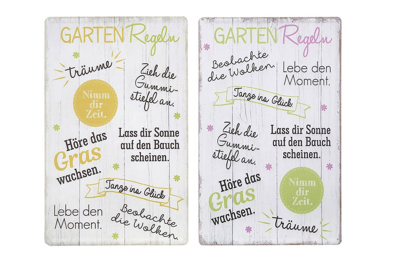 Garten Holzlook Blechschild, Modell, GARTENREGELN, TANZ INS GLÜCK , Material Metall , Maße 30 x 19 cm, weiss, rot, ideal für Garten, Terrasse, Bar, Cafe, Cafeteria oder einfach Zuhause.