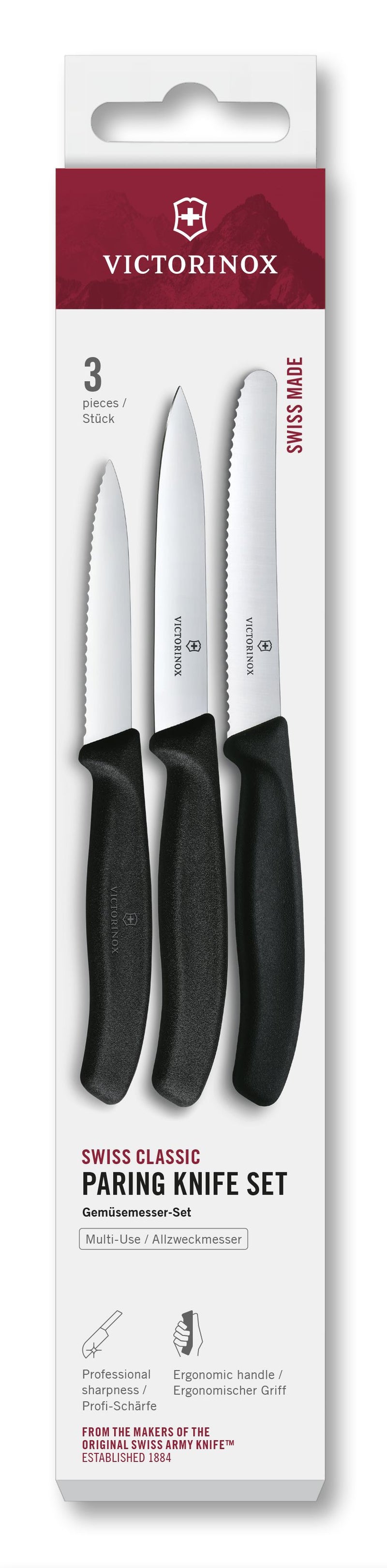 VICTORINOX Gemüsemesser Set gerade/Wellen schwarz 3teilig