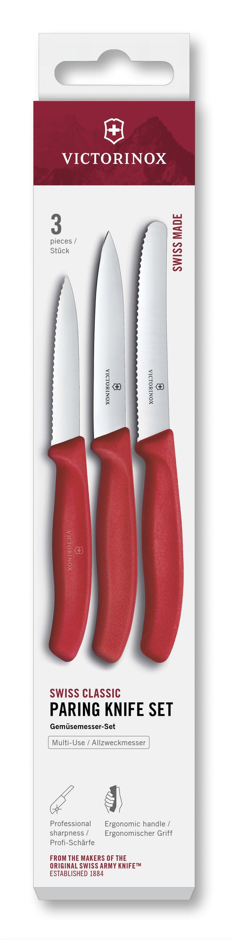 VICTORINOX Gemüsemesser Set gerade/Wellen rot 3teilig