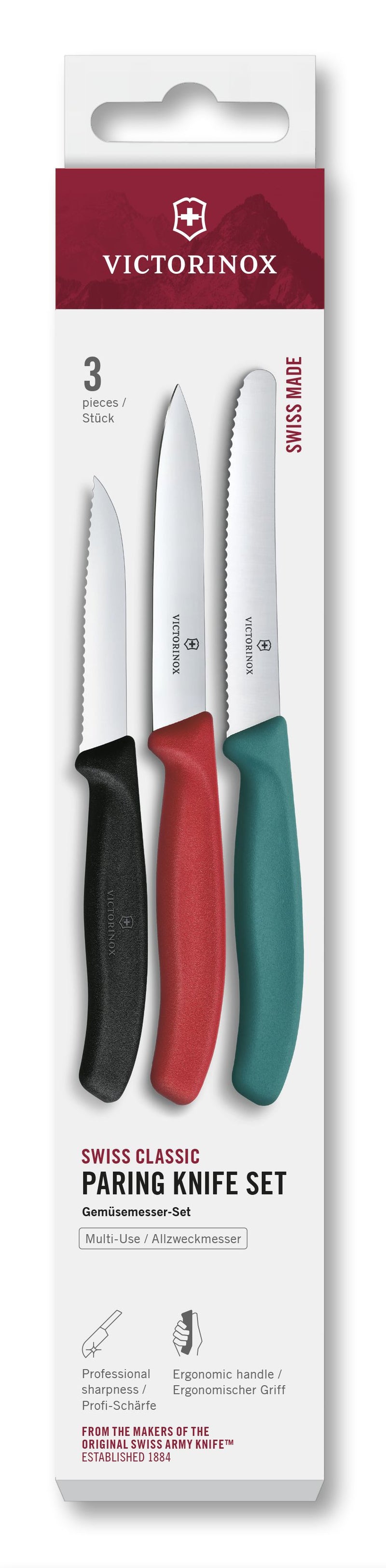 VICTORINOX Gemüsemesser Set gerade/Wellen grün/rot/schwarz 3teilig