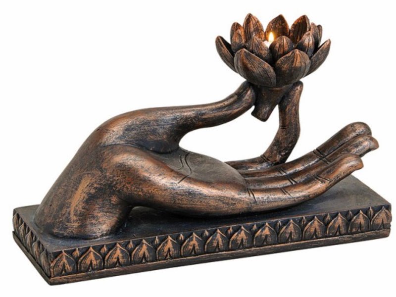Teelichthalter, Teelichtkerzenhalter Hand Buddhas , Hand in gütiger Optik, Kunstharz in Erdtönen, Maße 32 x 19 x 15 cm, Zen Garden Stil