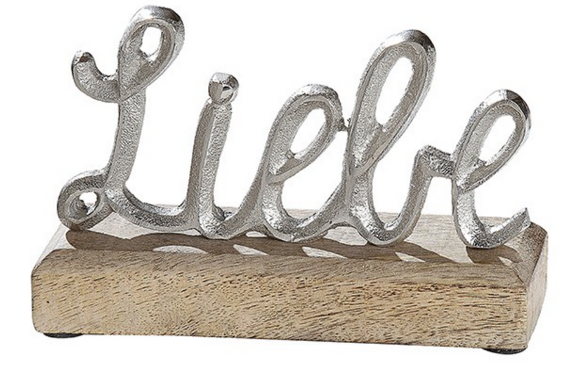 Edler Schriftzug auf Mango-Holz in brüniertem Aluminium als Aufsteller,  Modell: LIEBE, Maße 16 x 10 x 6 cm, Farbe Natur und Aluminium, tolle Deko für Innen, Terrasse, Cafe, oder einfach Zuhause.