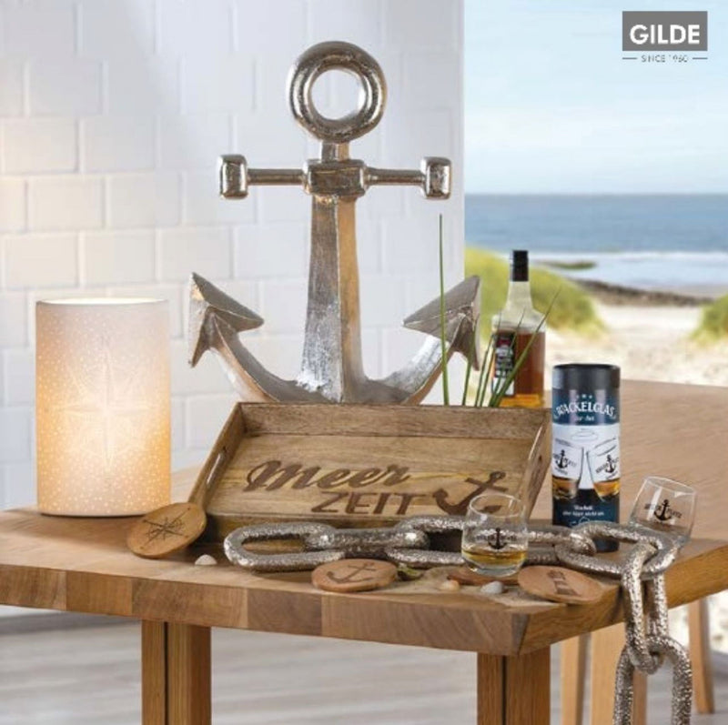 Runder edler maritimer Kreis-Schriftzug auf Mango-Holz in brüniertem Aluminium als Aufsteller, Modell: MEERZEIT , Maße 25 x 22 x 5 cm, Farbe Natur und Aluminium, tolle Deko fürs Cafe oder Zuhause