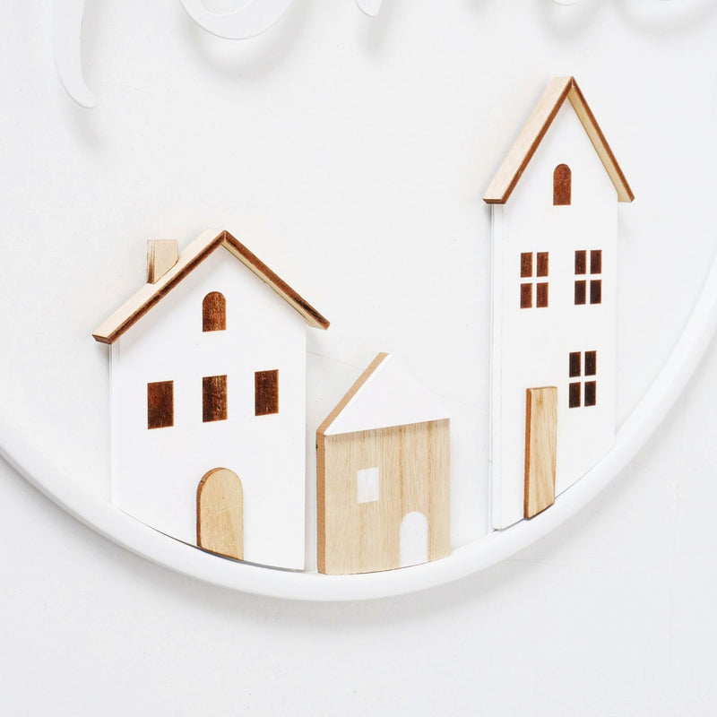 Tolles ausgestanztes HOME Wandrelief Metallschild, Modell: RUMBA weiß, Maße 37 x 37 cm, weiß lackiert, Schrift und Häuser im Look Cut Out, perfekte Geschenkidee