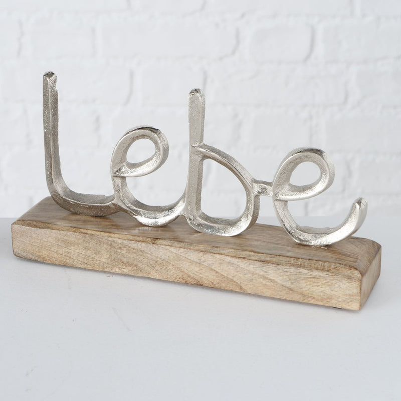 3er Set Aufsteller, top angesagt, Modelle: LEBE, LIEBE, LACHE. Sockel aus Mango Holz, Schriften aus Aluminium, Maße je Stück 23 x 12 x 5 cm