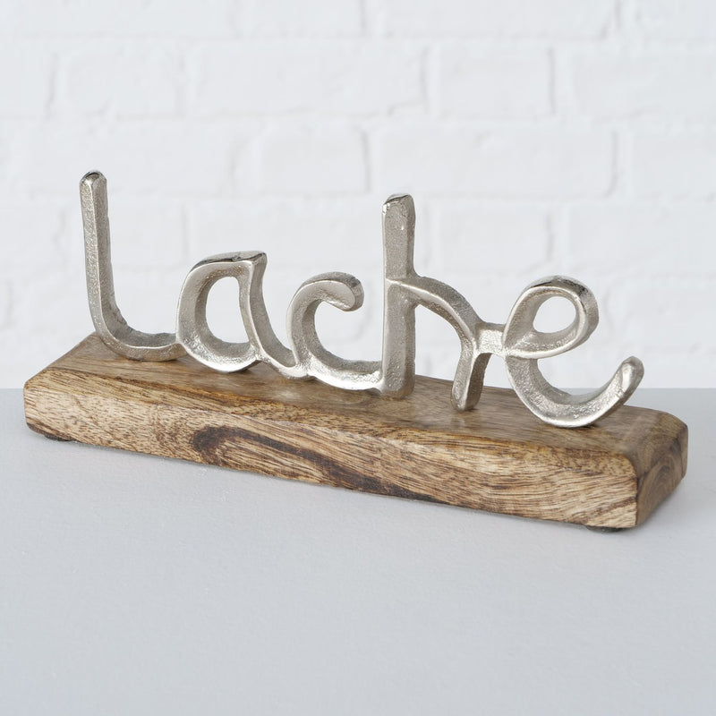 3er Set Aufsteller, top angesagt, Modelle: LEBE, LIEBE, LACHE. Sockel aus Mango Holz, Schriften aus Aluminium, Maße je Stück 23 x 12 x 5 cm