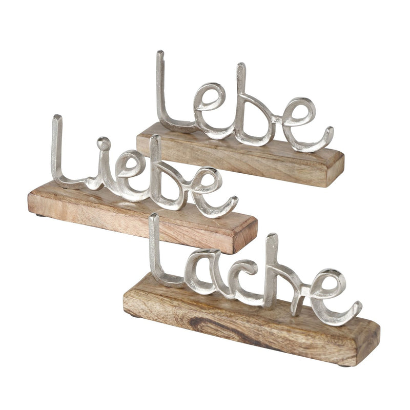 3er Set Aufsteller, top angesagt, Modelle: LEBE, LIEBE, LACHE. Sockel aus Mango Holz, Schriften aus Aluminium, Maße je Stück 23 x 12 x 5 cm