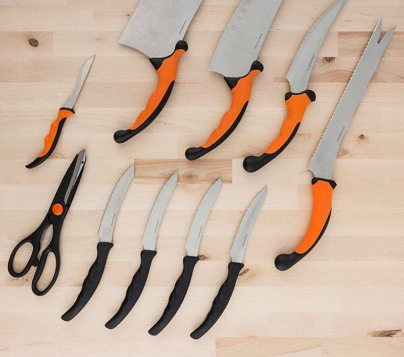 Grill und Steakmesser plus Küchenmesserset, Edelstahl 10 Teile, alles was eine moderne Küche benötigt, incl. 4 Steakmesser, ergonomische Griffe, sichere Einfassung, tolle Geschenkidee