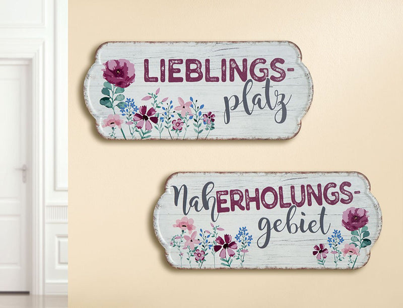 2er Set Garten Metallschilder, LIEBLINGSPLATZ und NAHERHOLUNGSGEBIET , Material Metall , Maße je 35 x 15 cm, weiss rot, ideal für Garten, Terrasse, Bar, Cafe, Cafeteria oder einfach Zuhause.