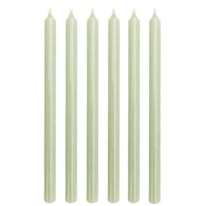 Tall stick candles set of 6 in an elegant style, color SAGE GREEN, slim design with 1.3 cm diameter, height 25 cm, approx. 6 hours burning time, soot and drip-free, high envy factor.
