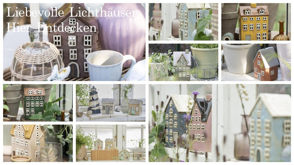 Teelichthaus im skandinavischen Stil. Modell Holstebro, für alle Teelichter geeignet. Keramik mit gebrannten Farben creme weiß, Größe 15 x 10 x 8 cm.