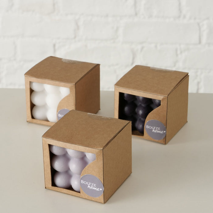 3 Stück Bubble Kerzen, Modell " URBAN Candles " , 6 x 6 x 6 cm, 15 Std. Brenndauer je Kerze. Farbe weiß, schwarz und grau. Hoher Neidfaktor.